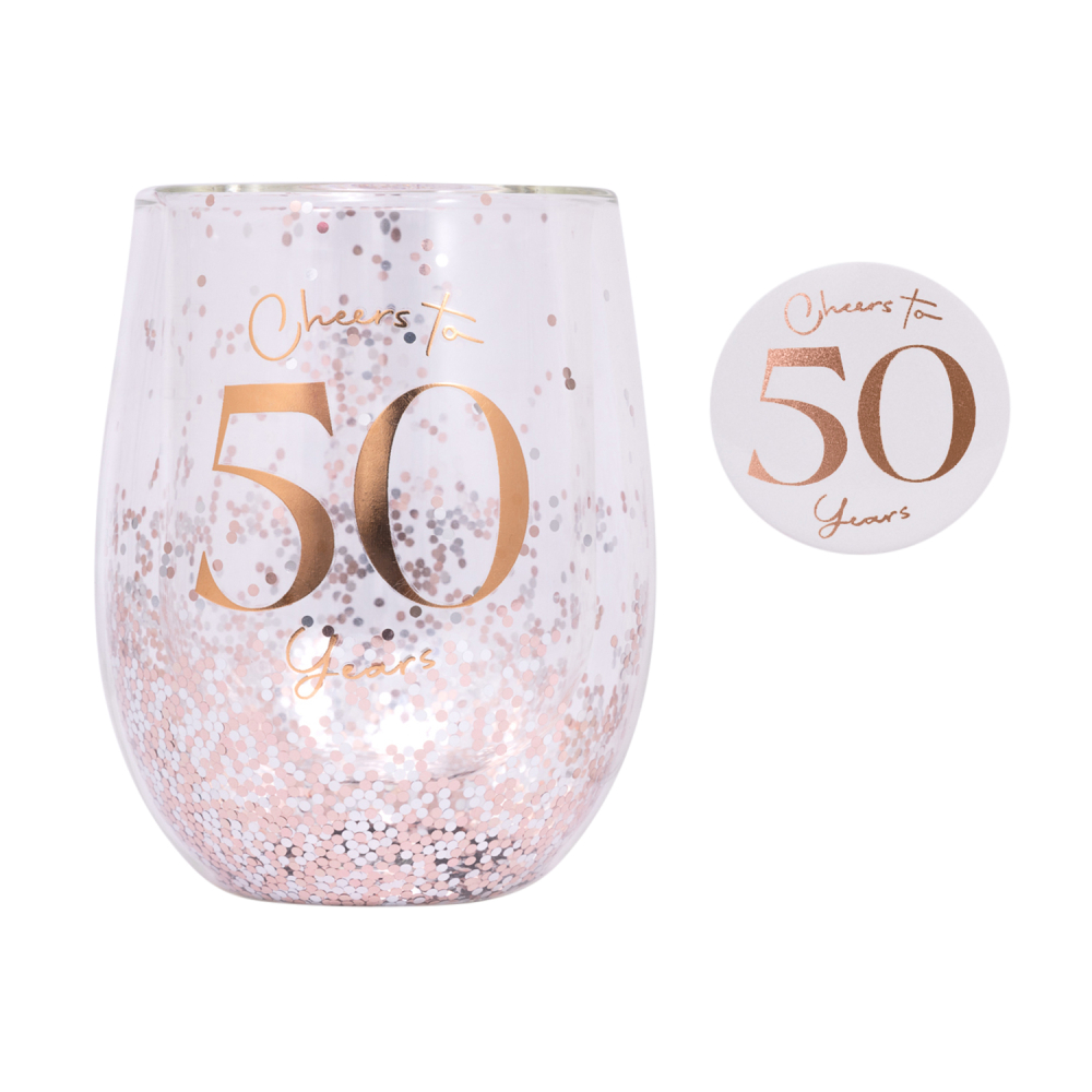 50th Glitter Stemless Glass & Badge Set