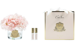 Hydrangeas in Round Vessel - Blush Clear - Gold Badge - Pink Box