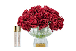Centrepiece Square Base Vase - Red Rose Buds with Gold Badge