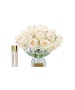 Centrepiece Square Base Vase - Blush Rose Buds with Gold Badge