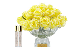 Centrepiece Square Base Vase - Yellow Rose Buds with Gold Badge