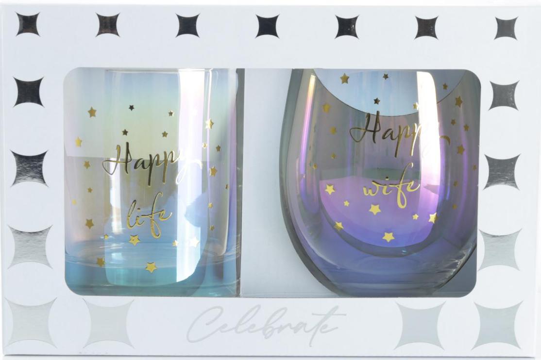 Wedding Happy Life Happy Wife Scotch and Stemless Glass Set