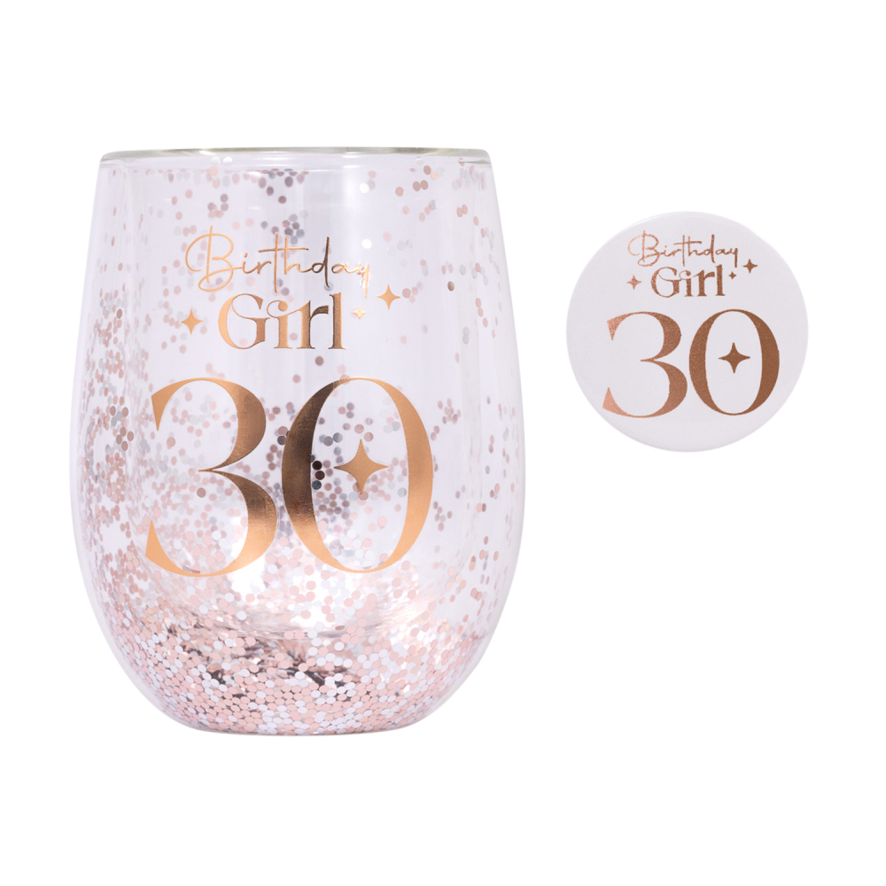 30th Glitter Stemless Glass & Badge Set