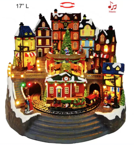 Christmas Village w Turning Train & Music