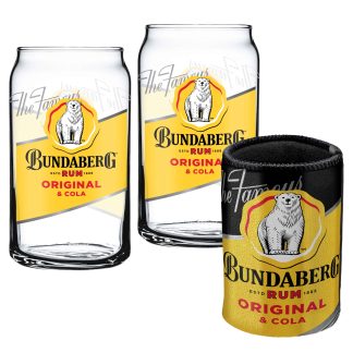 Bundy Bundaberg Rum Set of 2 Can Shaped Glasses and Metallic Can Cooler