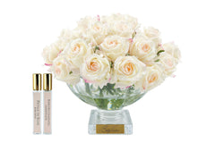 Centrepiece Square Base Vase - Blush Rose Buds with Gold Badge