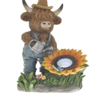 Highland Cow Sunflower Solar Resin Statue