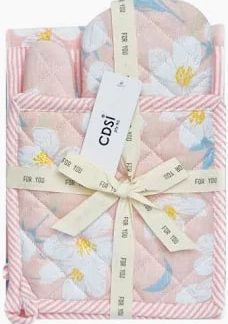 Renee 3 Piece Cotton Kitchen Textile Gift Set, Sky Pink