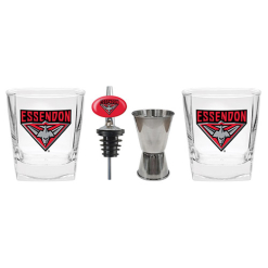 Essendon Bombers Set of 2 Spirit Glasses Jigger and Pourer Gift Pack