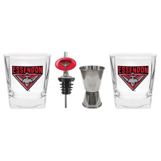 Essendon Bombers Set of 2 Spirit Glasses Jigger and Pourer Gift Pack