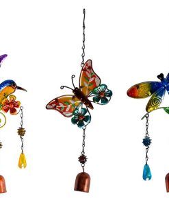 36cm Glass/Metal Butterfly/Dragonfly/Humming Bird Wind Chime 3 Asstd
