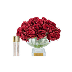 Centrepiece Square Base Vase - Red Rose Buds with Gold Badge