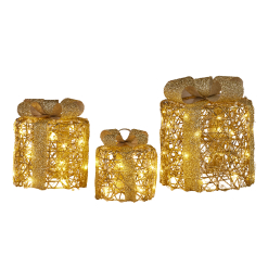 Golden Cylindrical Christmas Gift Boxes with Lights & Gold Bows, Set of 3, 29/23/18cmH