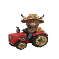 Resin Highland Cow with Tractor