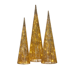 Gold Cone Christmas Trees with Lights, Set of 3- 70,80,90cm