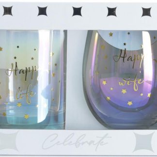 Wedding Happy Life Happy Wife Scotch and Stemless Glass Set