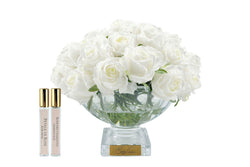 Centrepiece Square Base Vase - White Rose Buds with Gold Badge