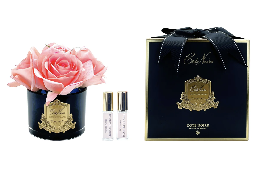 Five Roses Peach Black Glass With Gold Crest