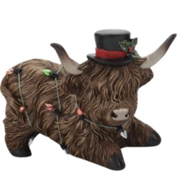 Resin Xmas Highland Cow w/String Décor B