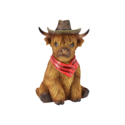 19cm Sitting Highland Cow with Red Cowboy Hat