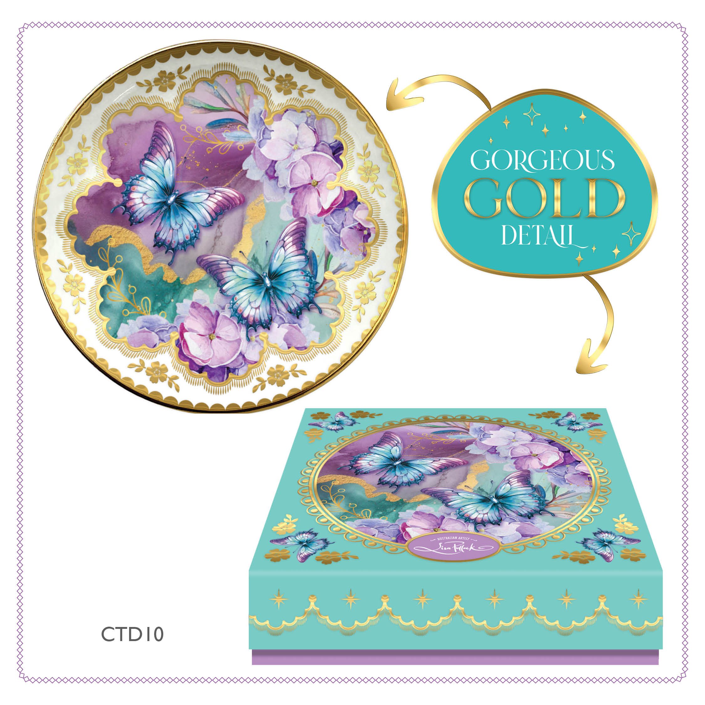 Ceramic Trinket Dish. Gold Edging Purple Butterflies