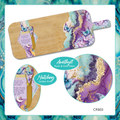 Crystal Resin Bamboo Board + 1 matching cheese knife Amethyst Butterflies