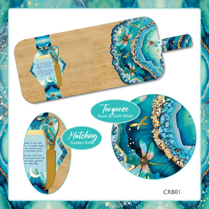 Crystal Resin Bamboo Board + 1 matching cheese knife Turquoise Dragonflies