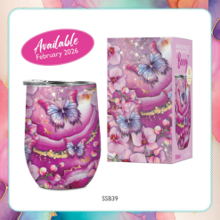 Double walled Stainless steel 'Bevvy' 350ml Fuchsia Butterfly