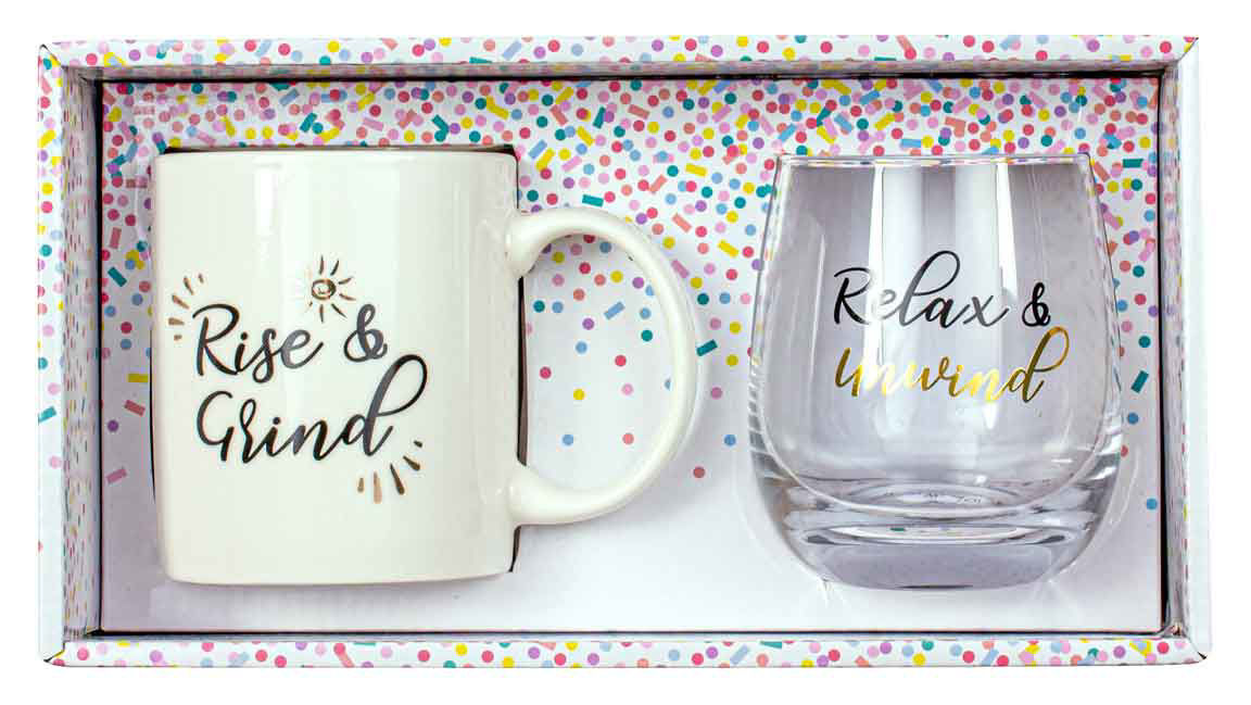 Rise And Grind Relax & Unwind Mug & Stemless Set
