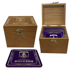 Fremantle Dockers Freo AFL Cork Back Drink Coasters in Wooden Case Box