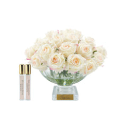 Centrepiece Square Base Vase - Blush Rose Buds with Gold Badge