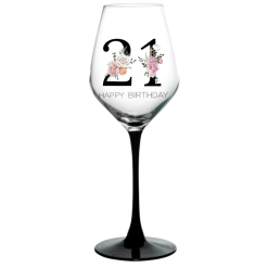 21st Wine Glass Black Gold Pink Flower
