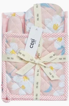 Renee 3 Piece Cotton Kitchen Textile Gift Set, Sky Pink
