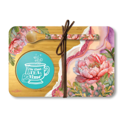 Bamboo Tea time Tray with Spoon  Coral Peony
