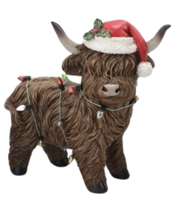 Resin Xmas Highland Cow w/String Décor A