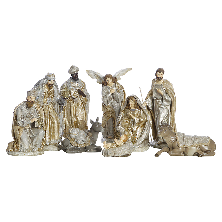 Resin Silver Champagne 9 Pc Nativity Set