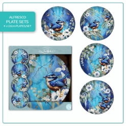 Set of 4 melamine plates in gift box. 23cm. Cheeky Wrens.