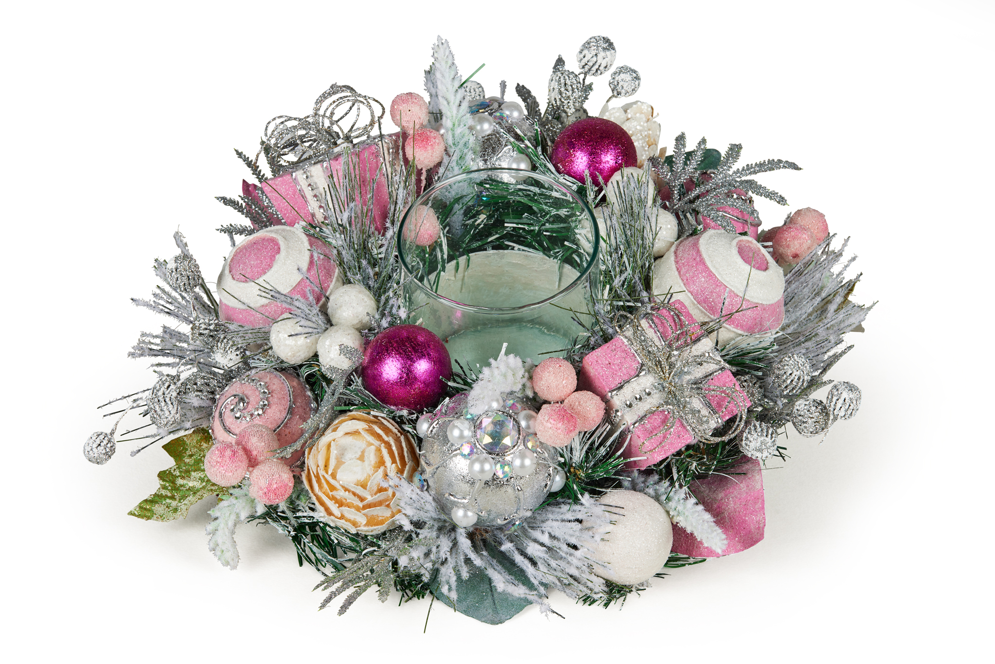 Christmas Centrepiece- Pretty in Pink, 26cmW with Hurricane Glass