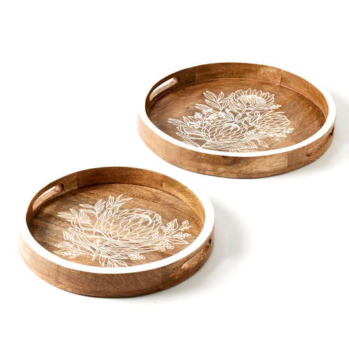 Pilbeam Living Flora Mango Wood Round Tray Set Natural/White 30/45cm 2pc