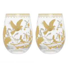 MW White Christmas Stemless Wine Glass 550ML Set of 2 Gold Gift Boxed