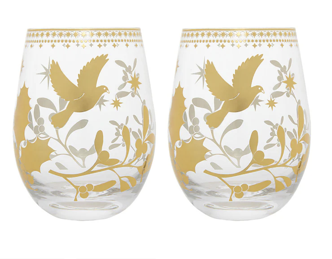 MW White Christmas Stemless Wine Glass 550ML Set of 2 Gold Gift Boxed