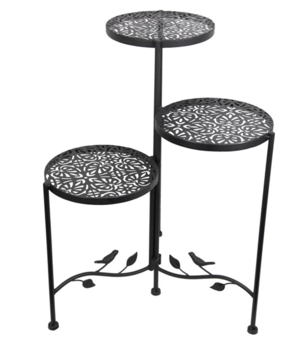 Black Metal Triple Pot Stand with Bird Design