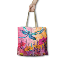 Reusable shopping bag. 45cm, 10cm gusset. Playful Dragonfly.