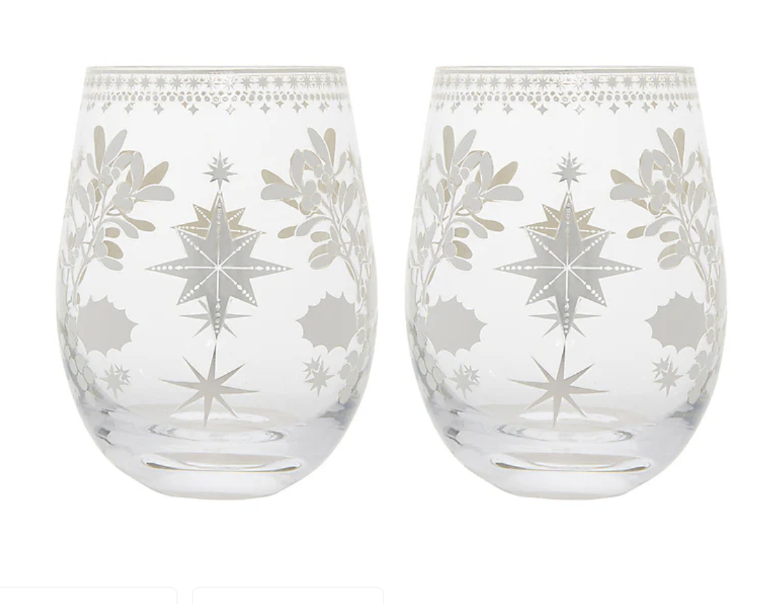 MW White Christmas Stemless Wine Glass 550ML Set of 2 Silver Gift Boxed