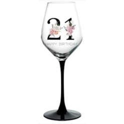 21st Wine Glass Black Gold Pink Flower