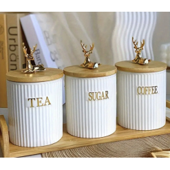 Set Ceramic Canisters with Wooden Base