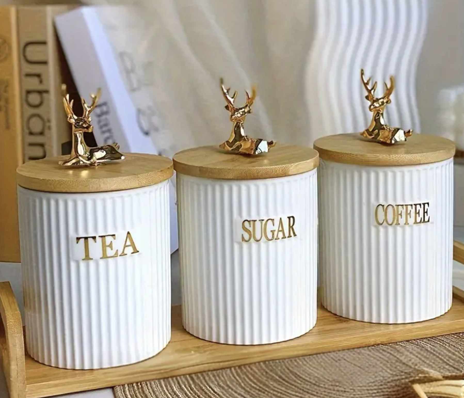 Set Ceramic Canisters with Wooden Base