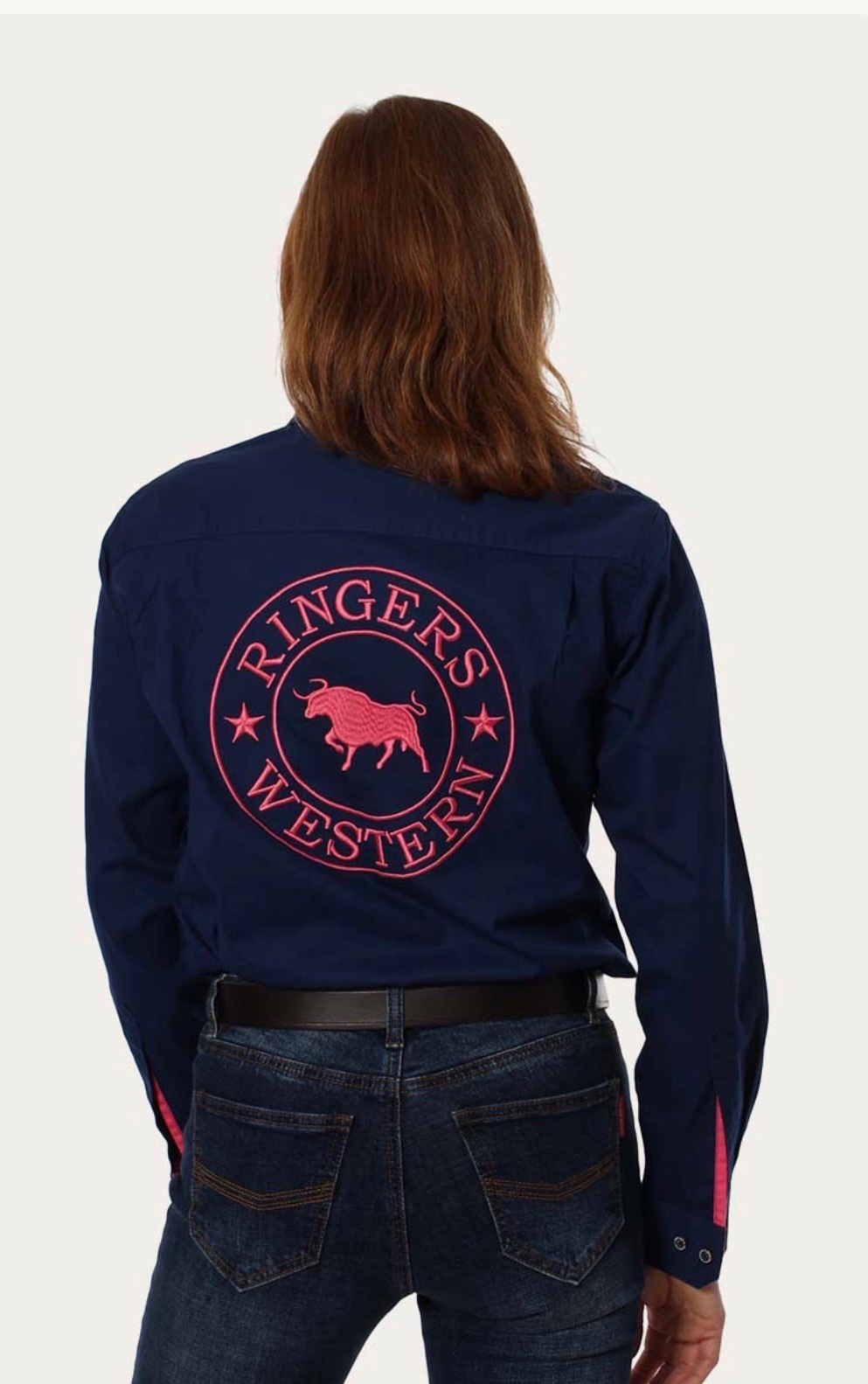Signature Jillaroo Womens Full Button Work Shirt - Navy / Melon - Image 2