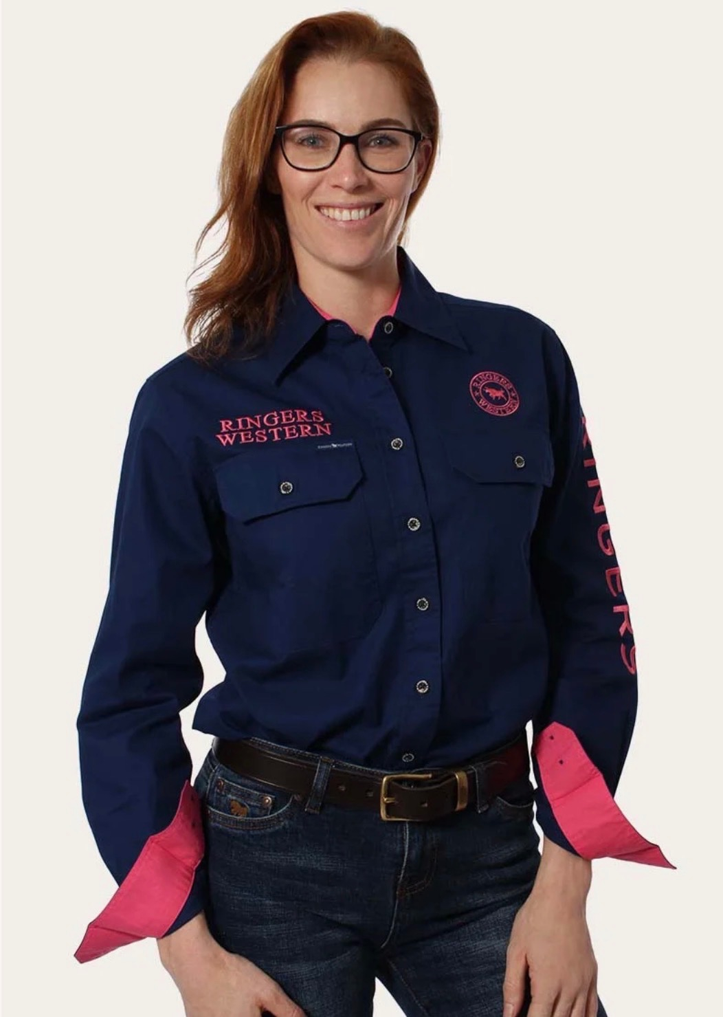 Signature Jillaroo Womens Full Button Work Shirt - Navy / Melon