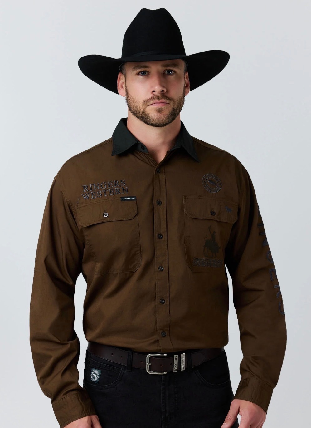 Hawkeye Contrast Collar Full Button Work Shirt - Saddle Brown - Image 2